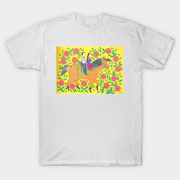 Maria Primachenko - maiden and cossack enjoying a ride on horseback 1982 T-Shirt by Kollagio